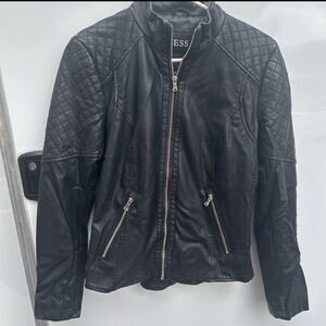 Guess Women's Black Leather Jacket with Quilted Shoulders